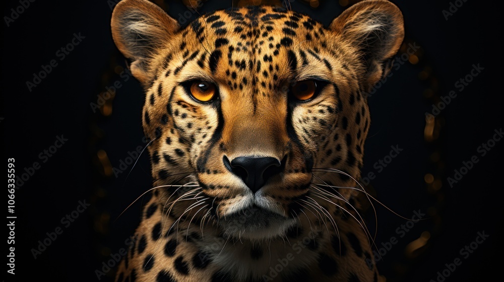 Obraz premium Close-up portrait of a cheetah with piercing yellow eyes, captured against a dark background, illuminated by a soft golden glow.