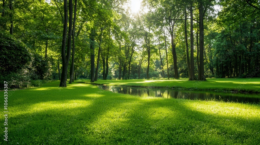 Obraz premium Lush green forest with sunlight filtering through trees, reflecting on calm water, creating a serene atmosphere.