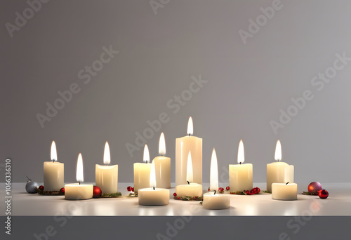 A lit white candle surrounded by festive decorations including pine branches and golden ornaments, set against a soft, snowy background. photo