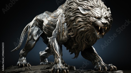 A majestic, silver lion sculpture with gold detailing, roaring with its mouth open, standing on a rocky base against a dark background. photo