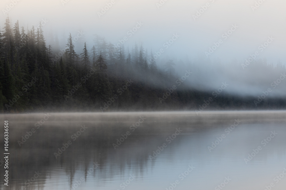 Fototapeta premium Beautiful misty fall weather, autumn vibes at Lost Lake in Oregon, near Hood River and Mount Hood, captured during early morning. Mystic fall vibes and scenery.