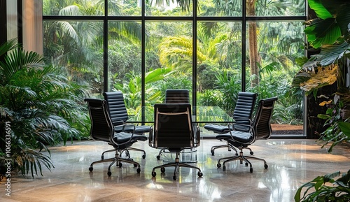 Modern office meeting room with large windows overlooking lush tropical greenery.