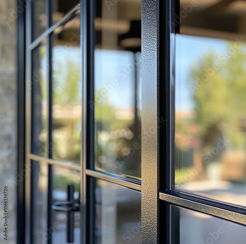 a close up of a a black framed glass door store front entrance photo