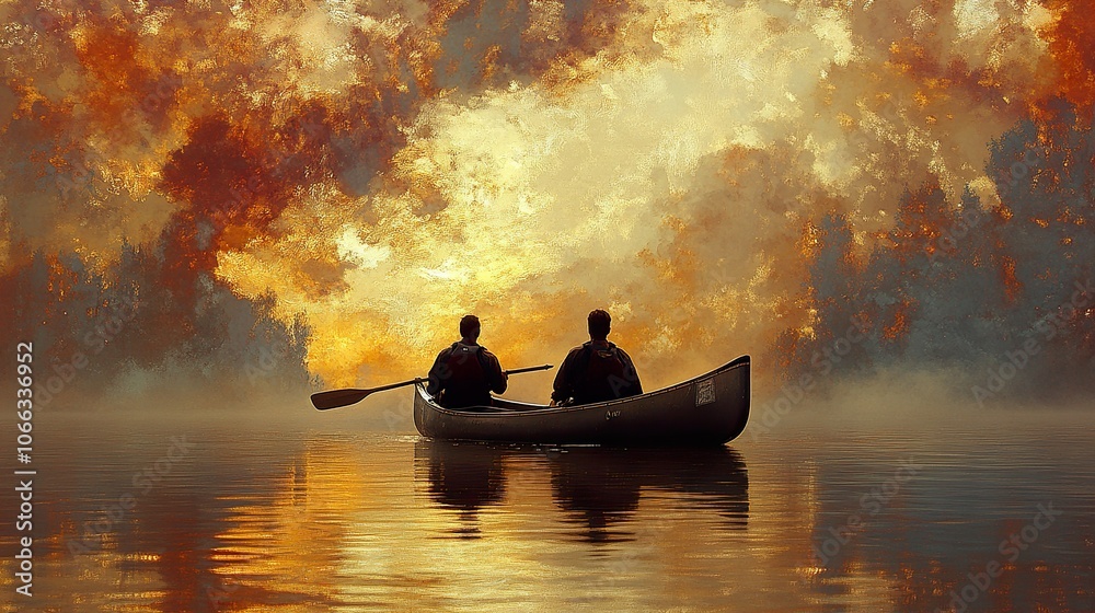 Two People Paddling a Canoe on a Tranquil Lake at Sunset Two People Paddling a Canoe on a Tranquil Lake at Sunset