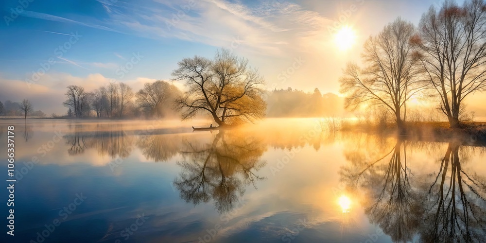 Golden Light Illuminates a Serene Morning Landscape with Misty Reflections of Trees and the Sun in the Still Waters of a Lake Golden Light Illuminates a Serene Morning Landscape with Misty Reflections of Trees and the Sun in the Still Waters of a Lake