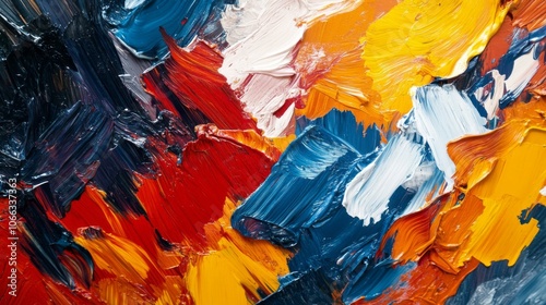 Abstract Oil Painting with Blue, Red, Yellow, and White Strokes