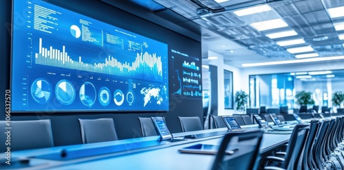 Modern Office Conference Room with Data Visualization Screen.