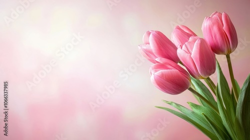 A beautiful arrangement of pink tulips against a soft, blurred pink background, capturing springtime elegance.