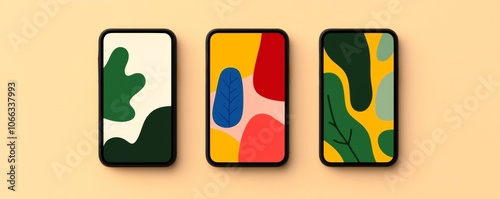 Three mobile phone cases with vibrant, abstract designs showcasing colorful patterns against a light background.