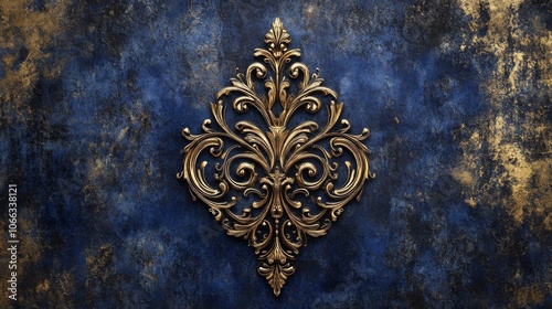 Ornate Golden Floral Design on Blue Textured Background