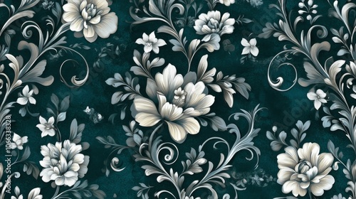 Teal Background with White Floral Pattern and Swirling Vines