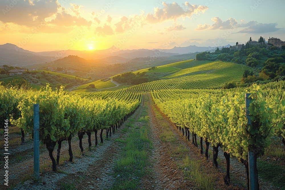 Naklejka premium Golden sunlight casts a warm glow over the expansive vineyard, highlighting the rows of grapevines and the rolling hills in the distance