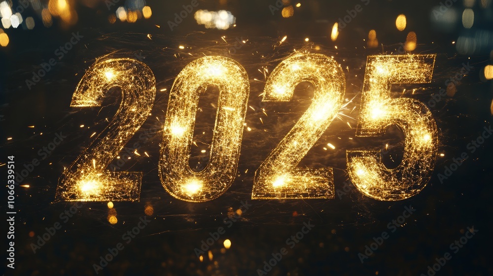 The number 2025 is depicted in sparkling golden light against a black background. The number 2025 is depicted in sparkling golden light against a black background.