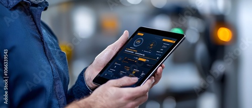 Hands holding a tablet device with an automation control interface on the screen set against the backdrop of an industrial machine in a smart factory or manufacturing setting