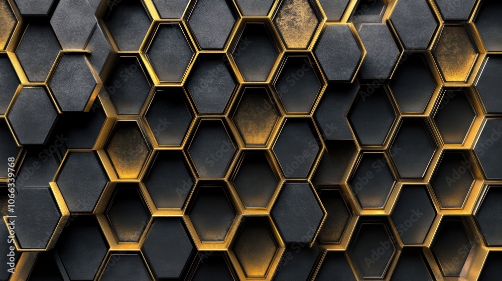 A seamless honeycomb pattern background with a metallic gold and black finish A seamless honeycomb pattern background with a metallic gold and black finish