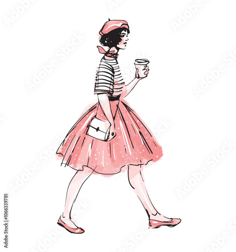 Walking Fashionable young French woman with a glass of coffee. Girl in a tutu skirt, beret and striped shirt. Modern fashion sketch illustration in line and watercolor, vector isolated on white.