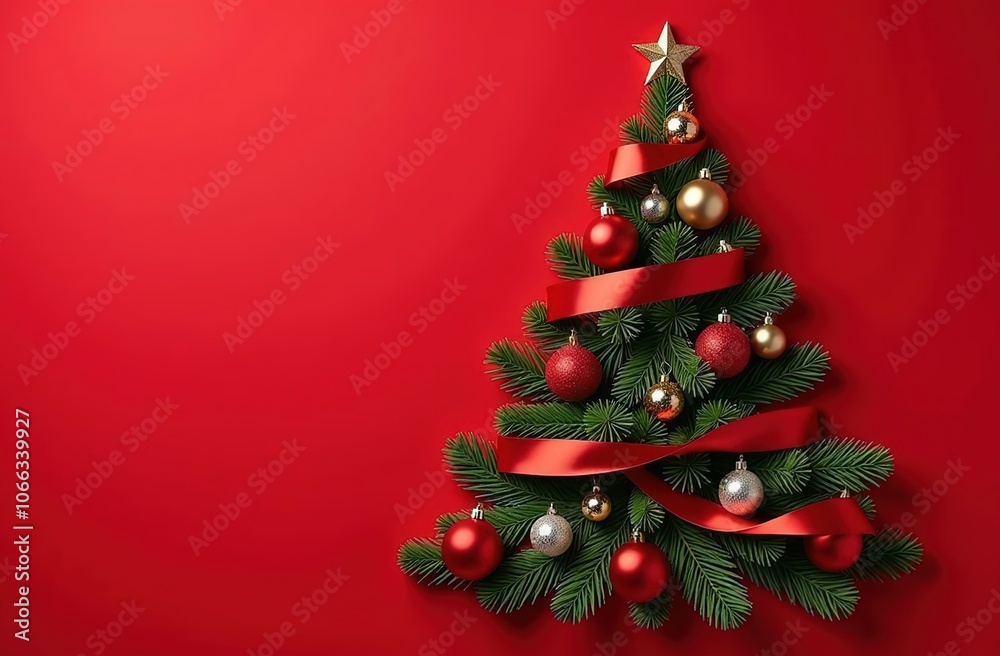 A Christmas tree made of stylish decorations and ribbons on a red background A Christmas tree made of stylish decorations and ribbons on a red background
