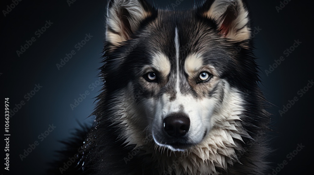 Close-up portrait of a Siberian Husky with blue eyes, looking directly at the camera. Close-up portrait of a Siberian Husky with blue eyes, looking directly at the camera.