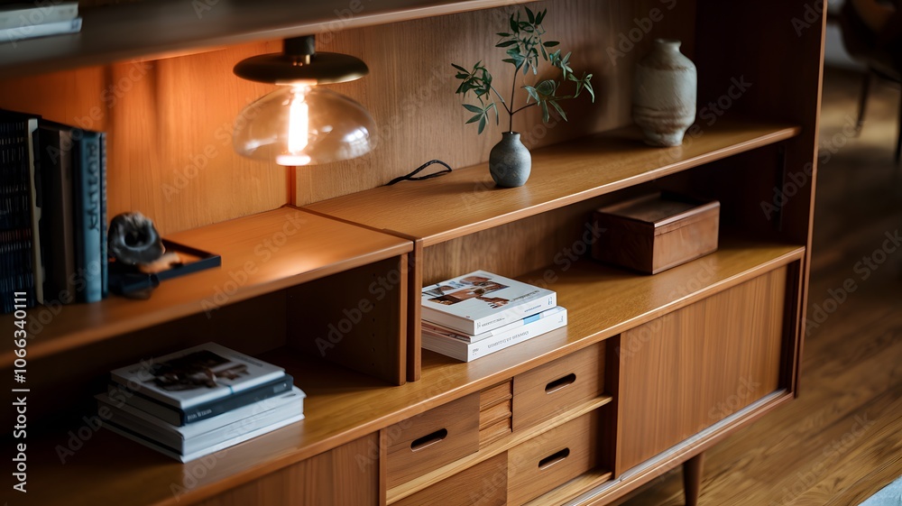 A retro teak bookshelf filled with minimal decorative items, lit warmly from above to cast soft shadows on the items and create a cozy, shadowed atmosphere.