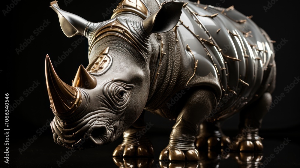 A close-up of a silver and gold rhinoceros sculpture on a black background. A close-up of a silver and gold rhinoceros sculpture on a black background.