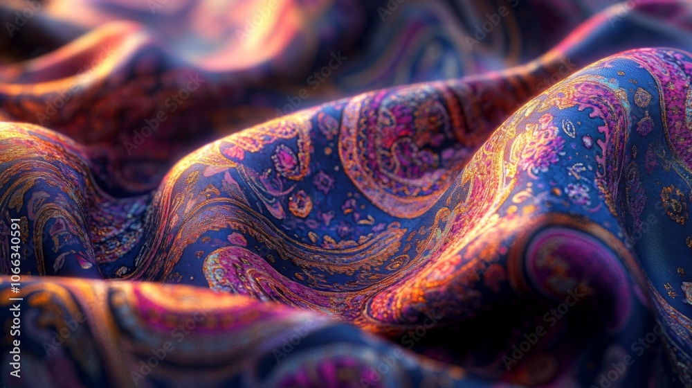 Close-up of Vibrant Paisley Fabric Draped in Waves Close-up of Vibrant Paisley Fabric Draped in Waves