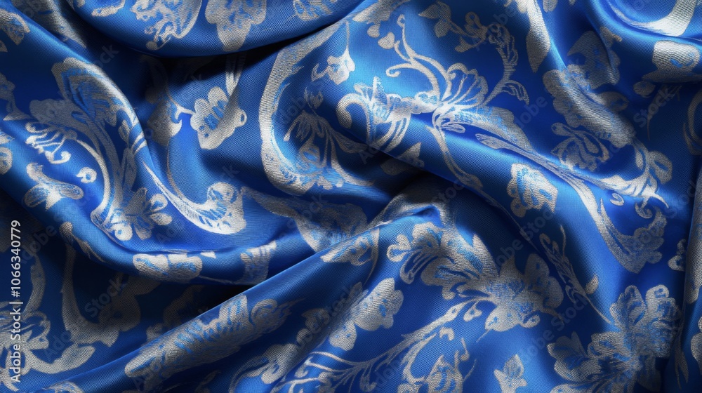 Blue Fabric with Silver Floral Pattern Blue Fabric with Silver Floral Pattern
