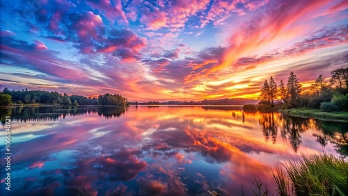 Wallpaper Mural A Serene Reflection of a Sunset Sky Over a Still Lake, With Silhouetted Trees and Lush Grass Torontodigital.ca