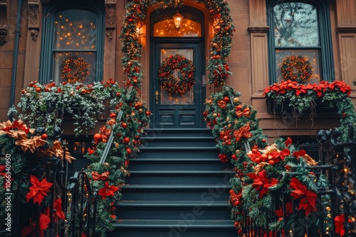 Brownstone building in New York City decorated for Christmas with garlands, wreaths on stairs, iron fence, elegant door, flower decorations, and warm-lit windows creating a festive atmosphere.