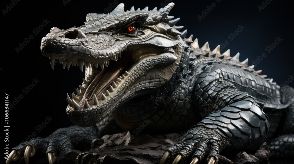 Fototapeta premium A close-up of a fearsome, snarling, grey, scaly, dragon-like creature with sharp teeth and claws, posed on a dark background, with menacing red eyes.