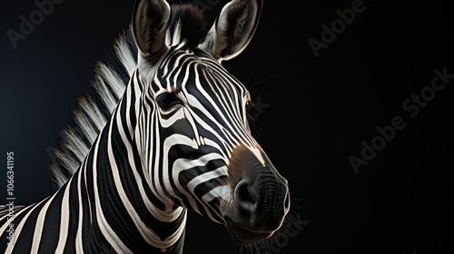 Close-up portrait of a zebra with black and white stripes against a dark background.