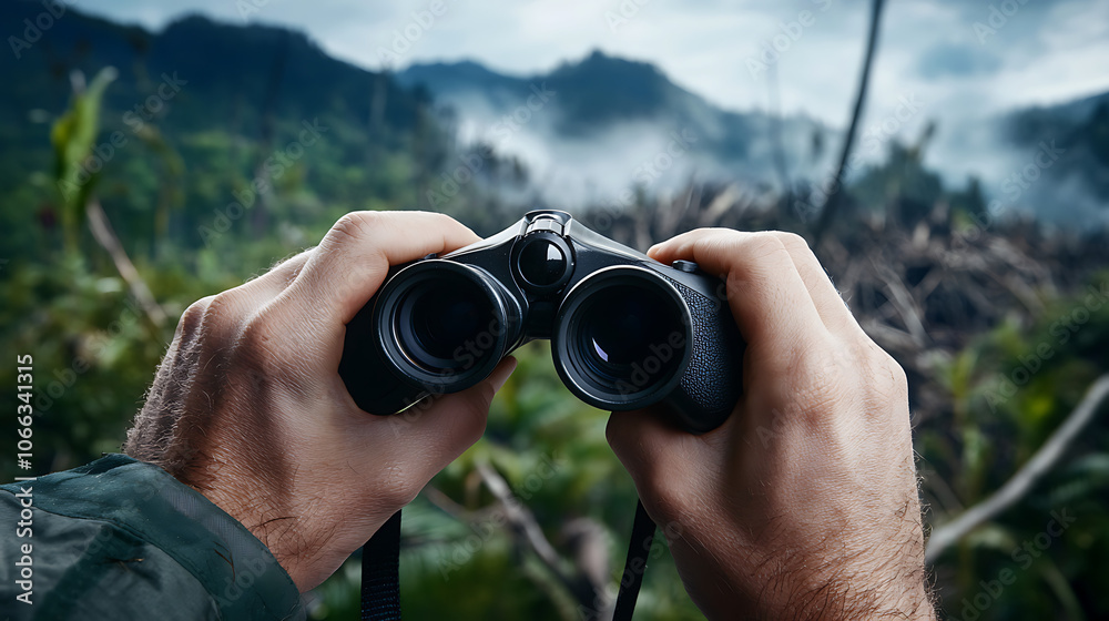 Person with binoculars observing wildlife in damage