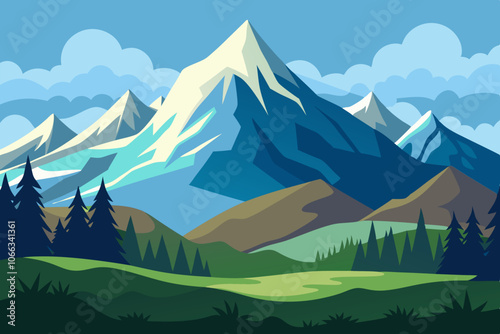 A landscape consisting of a range of large mountains overlooking the vast meadows