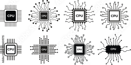 Set of CPU Processor icon. Circuit board icon set. Computer microchip processor. Suitable for website design, logo, app, template, and ui.