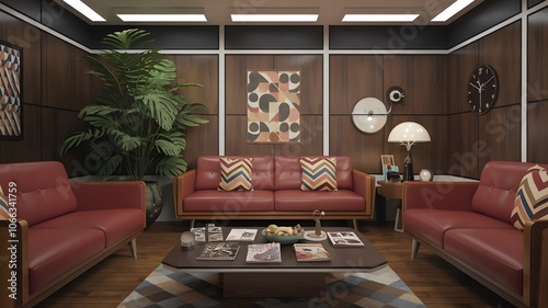 Retro-futuristic living room with mid-century sofas, wood-paneled walls, and a coffee table decorated with 70s magazines, shot with a front-facing hard flash.
