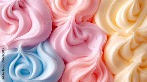 Close-up of Swirled Pink, Yellow, and Blue Frosting