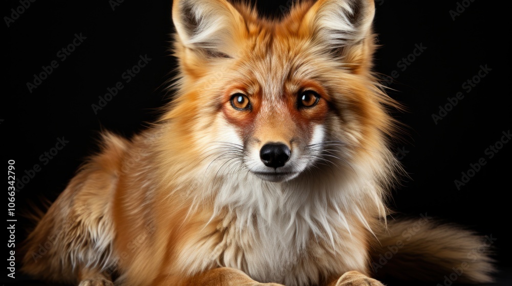 A red fox with a white chest and muzzle lies on a black background, looking directly at the camera. A red fox with a white chest and muzzle lies on a black background, looking directly at the camera.