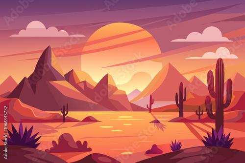 Cartoon desert landscape with cactus hills and mountains silhouettes