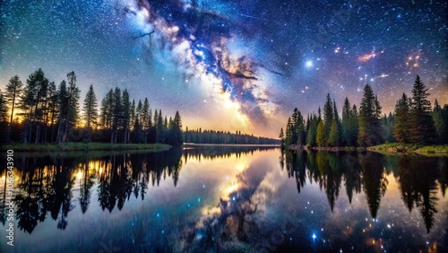 Silhouettes of Trees Lining a Still Lake Under a Starry Sky with the Milky Way Reflected in the Water