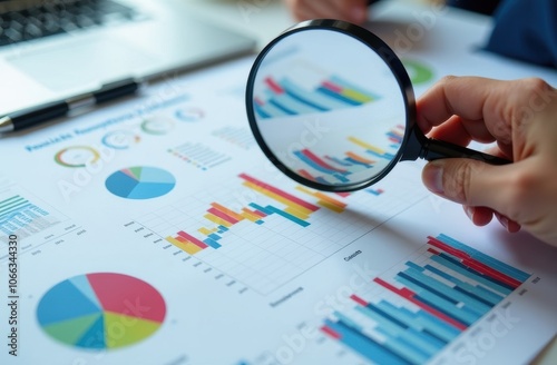 Printed documents with colorful charts and graphs analyzed through a magnifying glass.