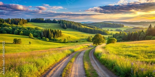 A winding dirt road meanders through verdant fields, bordered by lush forests and bathed in the warm glow of a setting sun.