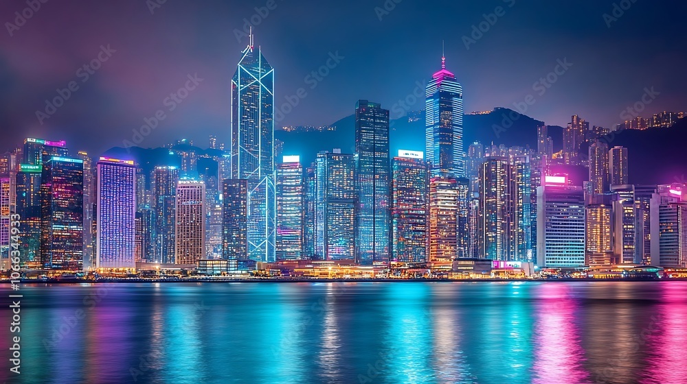 Fototapeta premium Vibrant Nighttime Skyline of Hong Kong with Illuminated Skyscrapers Reflecting on the Water