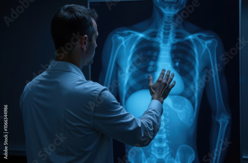 A medical professional carefully examines a series of full body MRI scans displayed on a lightbox in a hospital or clinic.