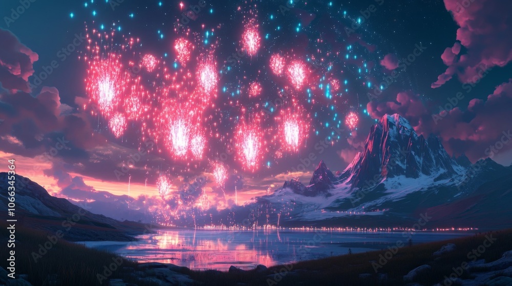 Fireworks Display Over Snowy Mountains and a Tranquil Lake at Sunset Fireworks Display Over Snowy Mountains and a Tranquil Lake at Sunset