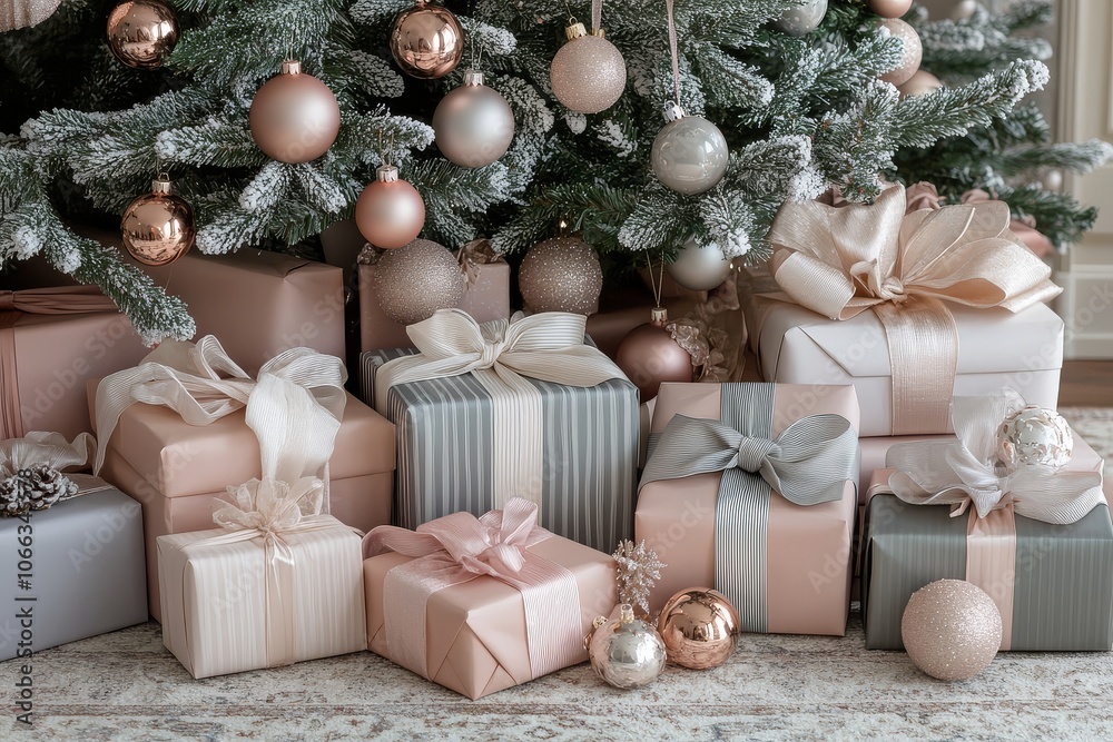 Muted pastel color palette of pink, gray, and white wrapped gifts under Christmas tree, with delicate ribbons, ornaments, and stacked presents adding festive atmosphere. Muted pastel color palette of pink, gray, and white wrapped gifts under Christmas tree, with delicate ribbons, ornaments, and stacked presents adding festive atmosphere.