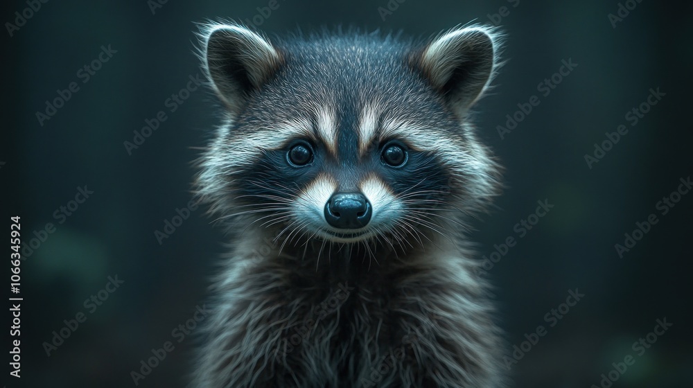 A cute raccoon with large, dark eyes stares directly at the camera. A cute raccoon with large, dark eyes stares directly at the camera.