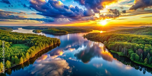 A serene aerial view of a winding river, adorned with vibrant green trees on its banks, showcasing a stunning sunset reflected in the tranquil water.