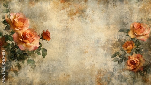 Vintage Floral Arrangement with Roses on Distressed Background