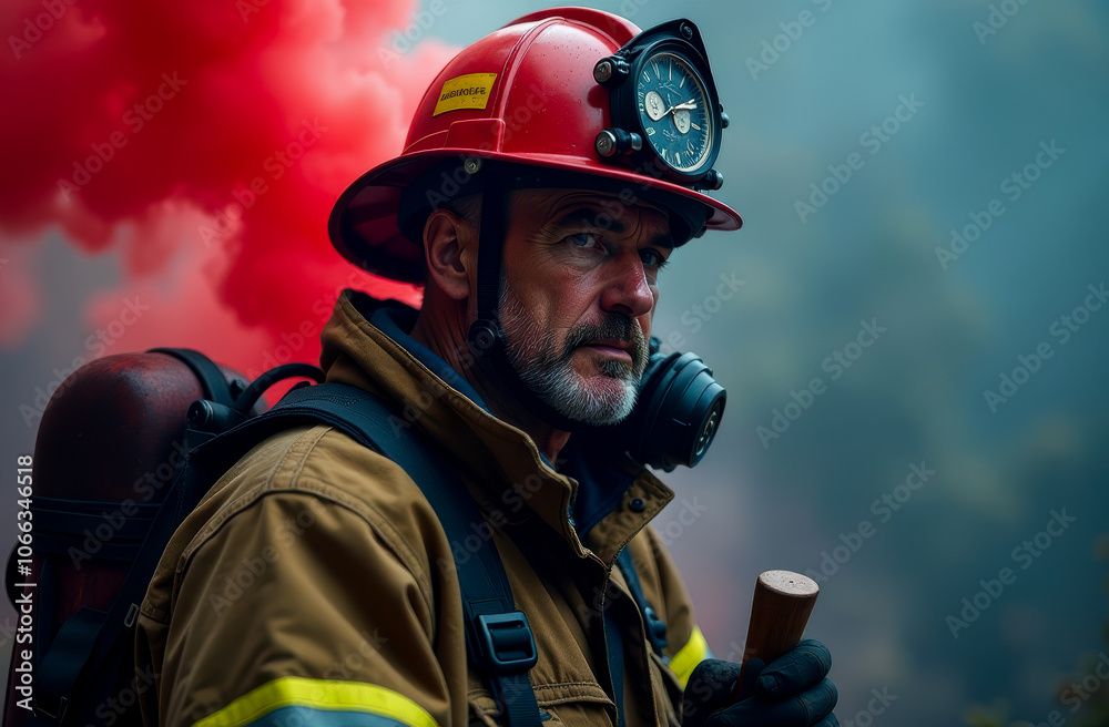 Portrait of a male firefighter in equipment against a background of red smoke, studio shooting Portrait of a male firefighter in equipment against a background of red smoke, studio shooting