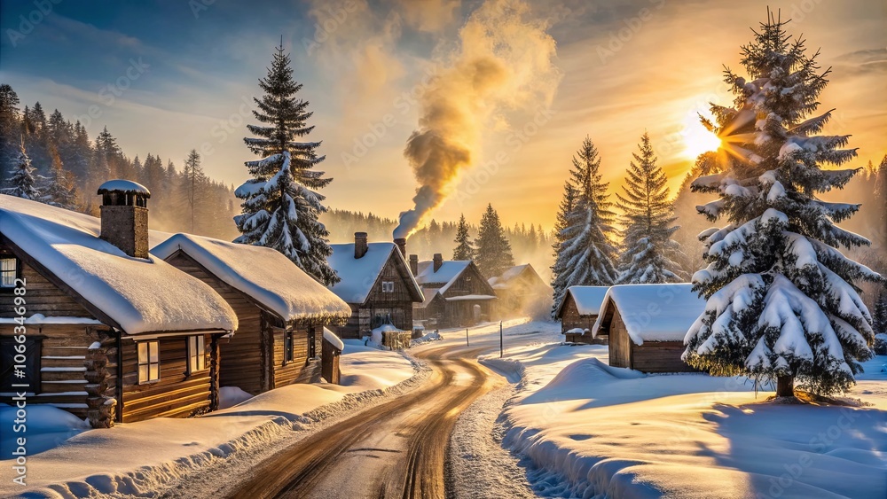 A winding snow-covered road leads through a winter village with quaint wooden houses and towering snow-laden pine trees, as the golden glow of sunrise bathes the landscape in a magical light. A winding snow-covered road leads through a winter village with quaint wooden houses and towering snow-laden pine trees, as the golden glow of sunrise bathes the landscape in a magical light.