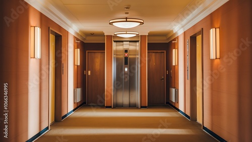 A classic 70s hotel hallway with warm-toned walls, minimal décor, and gentle shadow play along the edges of doors and windows.